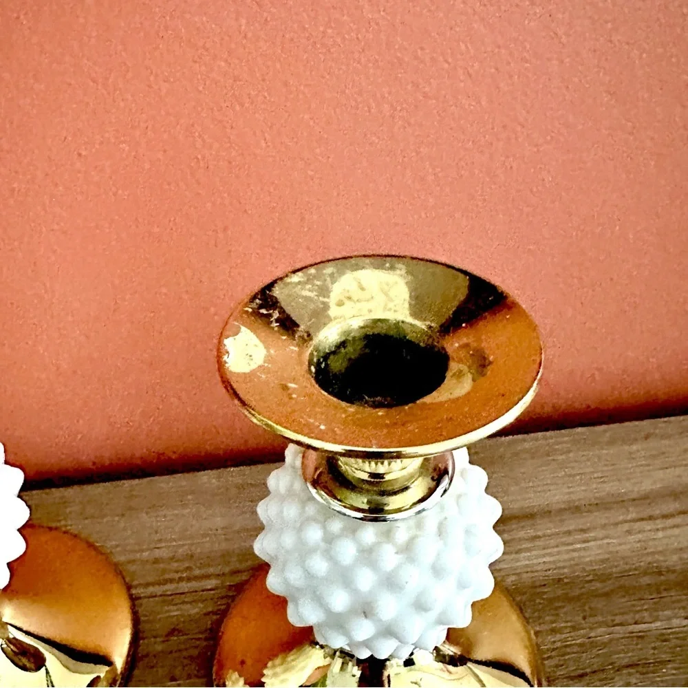 Pair Vintage Gold Metal White Hobnail Glass Taper Candle Holders Candlesticks 5”
